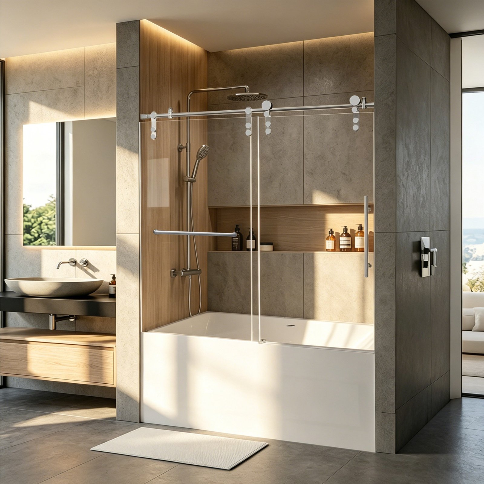 PF-125 - Frameless Stainless Steel Single Sliding Glass Shower Door with Self Cleaning Feature (48x74, 60x74, 60x60 Inches)